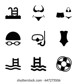 Swim icons set. set of 9 swim filled icons such as bikini, swimsuit, swimming pool, swimming hat and glasses, snorkel, lifebuoy, pool ladder