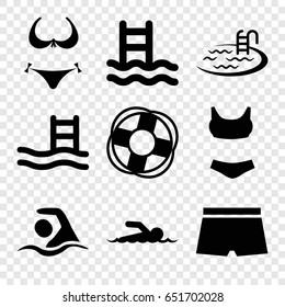 Swim icons set. set of 9 swim filled icons such as bikini, pool, swimming, swimmer, man swim wear, lifebuoy