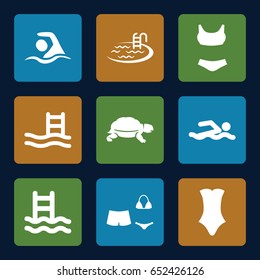 Swim icons set. set of 9 swim filled icons such as turtle, pool, swimsuit, swimming, pool ladder, swim suit, swimming man