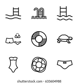 Swim icons set. set of 9 swim outline icons such as turtle, swimsuit, swimming pool, lifebuoy, man swim wear, swimming ladder
