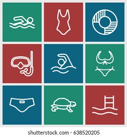 Swim icons set. set of 9 swim outline icons such as turtle, bikini, lifebuoy, man swim wear, swimming, snorkel