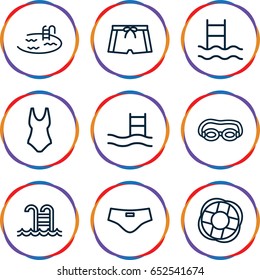 Swim icons set. set of 9 swim outline icons such as pool, swimming pool, man swim wear, lifebuoy, swim suit