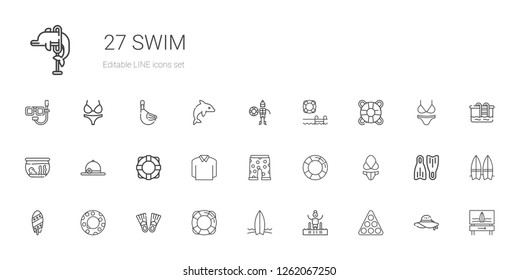 swim icons set. Collection of swim with pool, surfboard, lifesaver, flippers, float, bikini, swim suit, polo, lifebuoy, pamela, fishbowl, swimming pool. Editable and scalable swim icons.