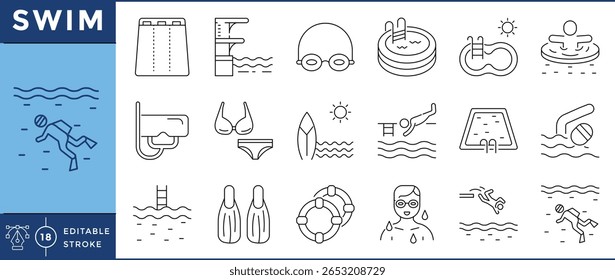 Definir ícones de natação. Nadador, piscina, ondas de água, óculos, linha de piscina, boia salva-vidas, nadadeiras, máscara de snorkel, mergulho, subaquático, e muitos mais. Traçado editável de vetor.