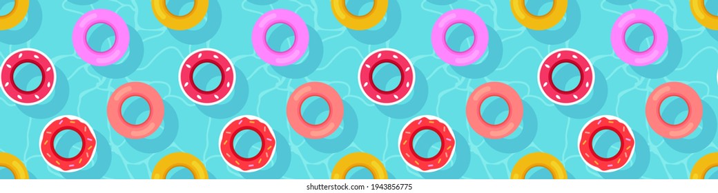 Swim life ring, floating buoy in wavy water swimming pool pattern, kid pool toys watermelon, donut, background, print design