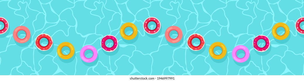 Swim life ring, floating buoy in wavy water swimming pool border banner seamless pattern, kid pool toys watermelon, donut, background print design