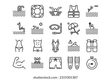 Swim lines icon set. Swim genres and attributes. Linear design. Lines with editable stroke. Isolated vector icons.