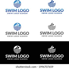 swim logo design for any kind of graphic work, Blue swimming logo with abstract man silhouette, the runner who is passing by a wavy river, Riding on water waves logo design