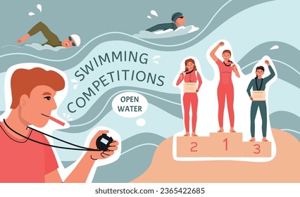 Swim open water flat collage composition with swimming competitions open water headlines vector illustration