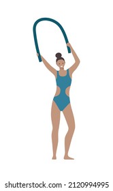 Swim pool people composition with isolated human character of woman in swimsuit holding pullbuoy vector illustration