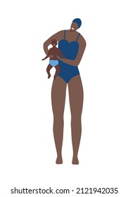 Swim pool people composition with isolated human character of mother in swimsuit holding baby vector illustration