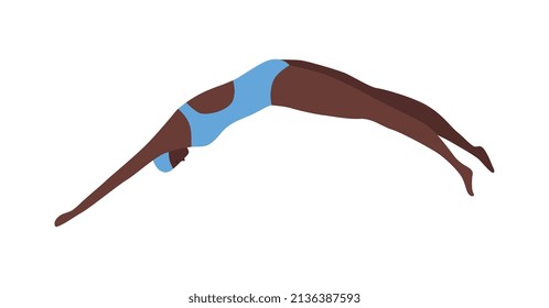 Composición de gente de la piscina con carácter humano aislado de mujer negra saltando en la ilustración vectorial de traje de baño