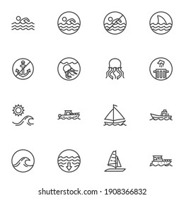Swim related line icons set, outline vector symbol collection, linear style pictogram pack. Signs, logo illustration. Set includes icons as swimming man, sailboat, shark fin, beach, sea water waves