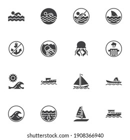 Conjunto de iconos vectoriales relacionados con natación, colección de símbolos sólidos modernos, paquete de pictogramas estilo relleno. Señales, ilustración del logotipo. El juego incluye íconos como nadador, velero, aleta de tiburón, playa, olas de agua de mar