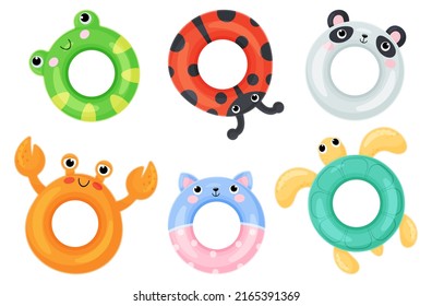 Swim ring cartoon summer set. Inflatable pool accessories, floating rubber toys