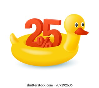 Swim ring. The inflatable circle. Yellow duck. Hot summer sale banner with 3d discount 25 percent. Used for covers, flyers, banners, posters, placards, books and other printed and web materials.