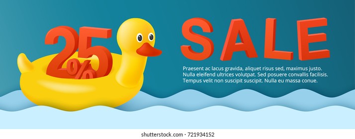 Swim ring. The inflatable circle. Yellow duck. Hot summer sale banner with 3d discount 25 percent. Used for covers, flyers, banners, posters, placards, books and other printed and web materials.