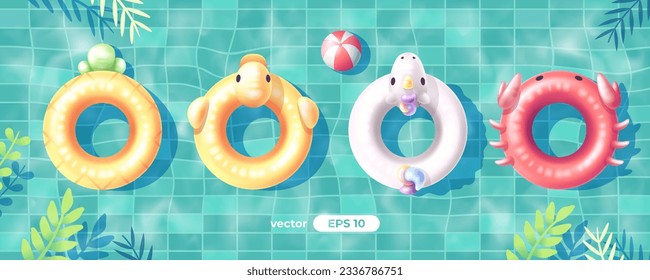 Swim ring, inflatable rubber circle. Unicorn, crab, chicken, pineapple. Swimming pool vector. Top view. Summer background. Banner or poster. Simple cartoon design. Realistic 3d Illustration eps10.