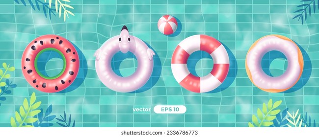 Swim ring, inflatable rubber circle. Flamingos, watermelon. Swimming pool vector. Top view. Summer background. Banner or poster. Simple cartoon design. Realistic 3d Illustration eps10.