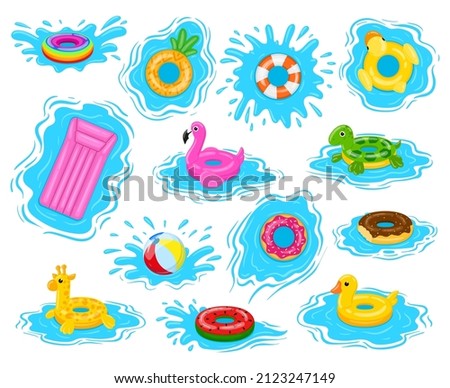 Swim rings, cartoon pool rubber toys with water splashes. Swimming water toys, inflatable rubber pool equipment vector illustration set. Summer time water lifebuoys. Ring rubber toys cartoon