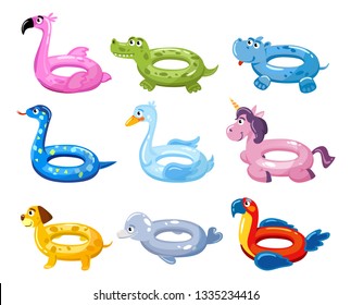 Swim rings cartoon set. Summer inflatable lifebuoys collection with animal heads. Flamingo, crocodile, swan, unicorn, dog, dolphin and parrot swim rings. Water and beach leasure vector collection.