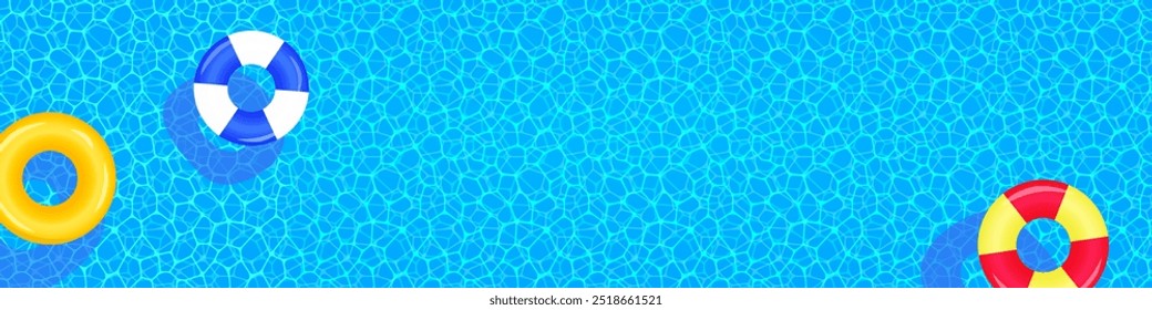 Swim rings, colorful floats vector illustration. Swimming pool top view banner. Summer background with water texture. travel and vacation funny wallpaper for aqua centers designs and cards.