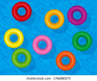 Anillos de natación, tubos de agua inflables coloridos, salvavidas coloreadas. Conjunto de donuts flotantes de plástico sobre el agua azul, símbolo de diversión para grupos o destinos de vacaciones jóvenes y amigables. Ilustración de vectores