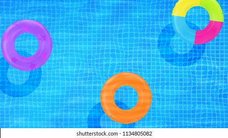 Swim rings on swimming pool water background. Inflatable rubber toy. Realistic summertime illustration. Summer vacation or trip safety item. Top view swimming circles.