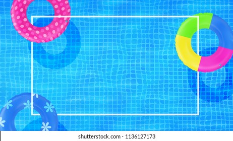 Swim rings on swimming pool water background. Frame for text. Inflatable rubber toy. Realistic summertime illustration. Summer vacation or trip concept. Top view swimming circles.