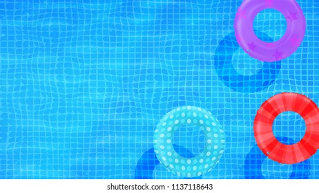 Swim rings on swimming pool water background. Inflatable rubber toy. Realistic summertime illustration. Summer vacation or trip safety item. Top view swimming circles.