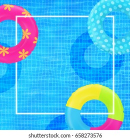 Swim rings on swimming pool water background. Frame for text. Inflatable rubber toy. Realistic summertime illustration. Summer vacation or trip concept. Top view swimming circle. Summer poster design.