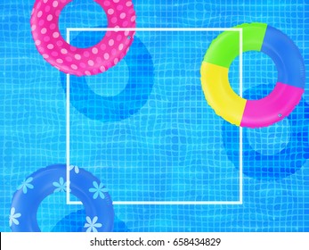 Swim rings on swimming pool water background. Frame for text. Inflatable rubber toy. Realistic summertime illustration. Summer vacation or trip concept. Top view swimming circles.