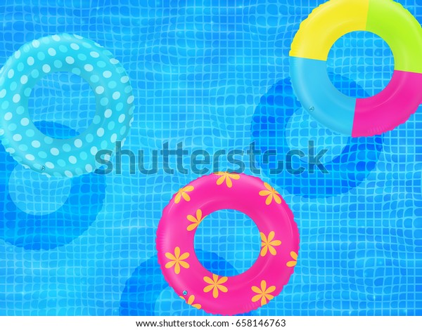 水泳プールの水の背景に水泳の輪 ゴム製の膨張式おもちゃ 夏のリアルなイラスト プール パーティー 夏のポスター 夏休みまたは旅行の安全なアイテム 上面ビューの水泳サークル のベクター画像素材 ロイヤリティフリー