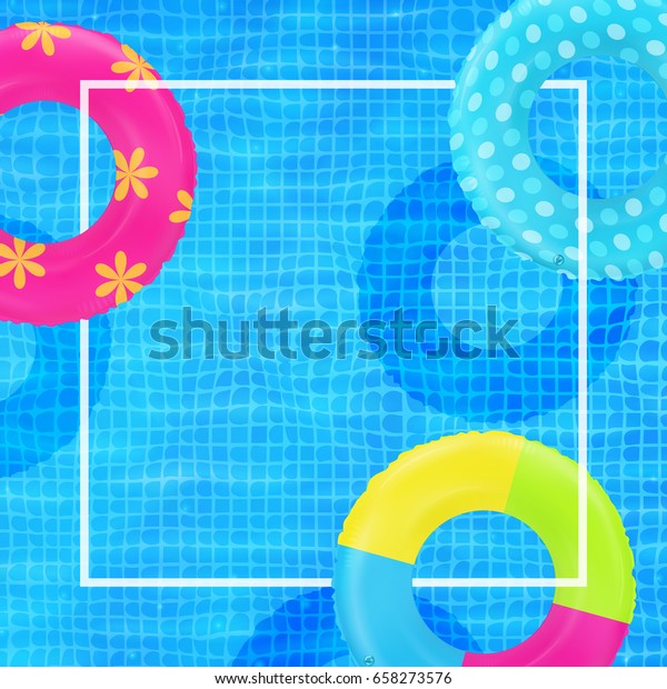 水泳プールの水の背景に水泳の輪 テキストの枠 ゴム製の膨張式おもちゃ 夏のリアルなイラスト 夏休みや旅行のコンセプト 上面スイミングサークル 夏のポスターデザイン のベクター画像素材 ロイヤリティフリー