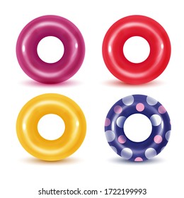 Swim rings on white background. Inflatable rubber toy for  water and beach or trip safety.
Life saving floating lifebuoy for beach or ship, rescue belt for saving people. Vector illustration. 