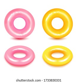 Swim rings on white background. Inflatable rubber toy for  water and beach or trip safety.
Life saving floating lifebuoy for beach or ship, rescue belt for saving people. Vector illustration. 