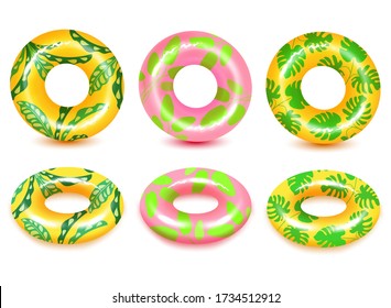 Swim rings on white background. Inflatable rubber toy for  water and beach or trip safety.
Life saving floating lifebuoy for beach or ship, rescue belt for saving people. Vector illustration. 