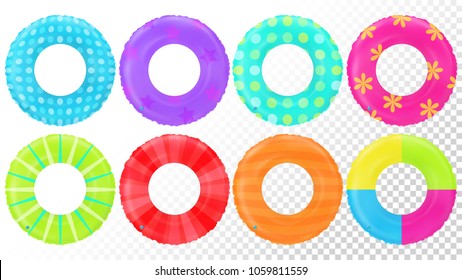 Swim rings set. Inflatable rubber toy. Lifebyou colorful collection. Swimming ring. Summertime illustration. Summer vacation or trip safety item. Tropic. Top view swimming circle for ocean, sea, pool.