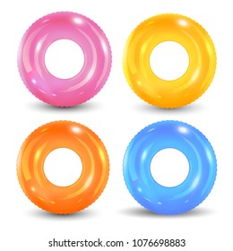 Swim rings set. Inflatable rubber toy. Lifebuoy colorful vector collection. Summer. Realistic summertime illustration. Summer vacation or trip safety. Top view swimming circle for ocean, sea, pool.