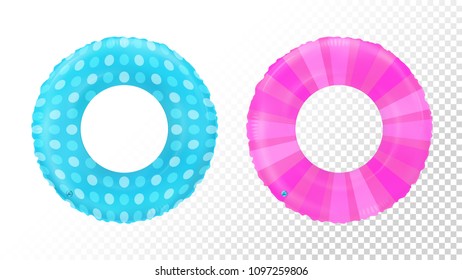 Swim rings set. Inflatable rubber toy. Lifebyou colorful vector collection. Realistic summertime illustration. Swim. Summer vacation or trip safety item. Top view swiming circle for ocean, sea, pool.