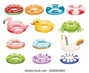 Swim rings set. Inflatable rubber toy. Swimming circles with different textures and shapes. Flat vector illustration isolated on white background