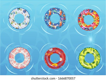 Swim rings set. Inflatable rubber toy. Top view swimming circle for ocean, sea, pool. Lifebuoy colorful collection. Swimming ring. Summertime illustration. Summer vacation or trip safety item. 