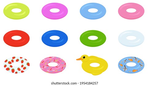 Schwimm Ringe Set. Aufblasbares Gummispielzeug. Schwimmkreise mit verschiedenen Farben. Flache Vektorgrafik einzeln auf weißem Hintergrund