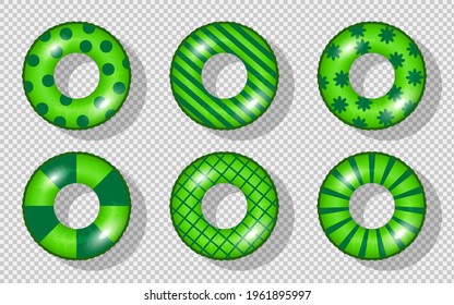 Swim rings set. Inflatable rubber toy. Green vector collection. Realistic summertime illustration. Summer vacation or trip safety item. Top view swiming circle for ocean, sea, pool.