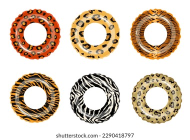 Anillos de natación. Juguete inflable de goma. Círculo de natación con vistas al océano, el mar y la piscina. Colección de colores vivos. Anillo de natación. En verano. Vacaciones. Aislado en blanco. Impresión de animales salvajes