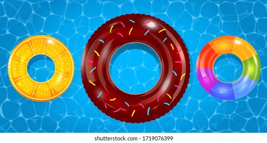 Anillos de natación colocados sobre el fondo del agua de la piscina. juguete inflable de goma. Colección vectorial colorida de por vida. Verano. Ilustración realista en verano. Vacaciones de verano o seguridad de viaje.