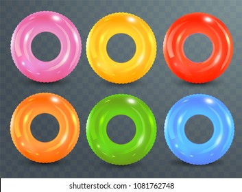 Swim rings set on transparent background. Inflatable rubber toy. Lifebuoy colorful vector collection. Summer. Realistic summertime illustration. Summer vacation or trip safety.