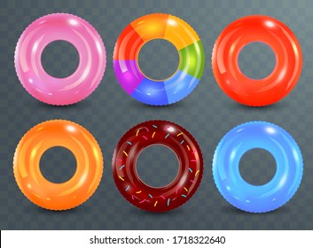 Swim rings set on transparent background. Inflatable rubber toy. Lifebuoy colorful vector collection. Summer. Realistic summertime illustration. Summer vacation or trip safety.