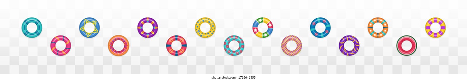Swim rings set on transparent background. Summer vacation or trip safety. Set of realistic swimming rings. Lifebuoy colorful collection. Summer, water and beach theme. Vector illustration, EPS 10.