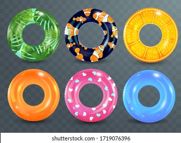 Swim rings set on transparent background. Inflatable rubber toy. Lifebuoy colorful vector collection. Summer. Realistic summertime illustration. Summer vacation or trip safety.